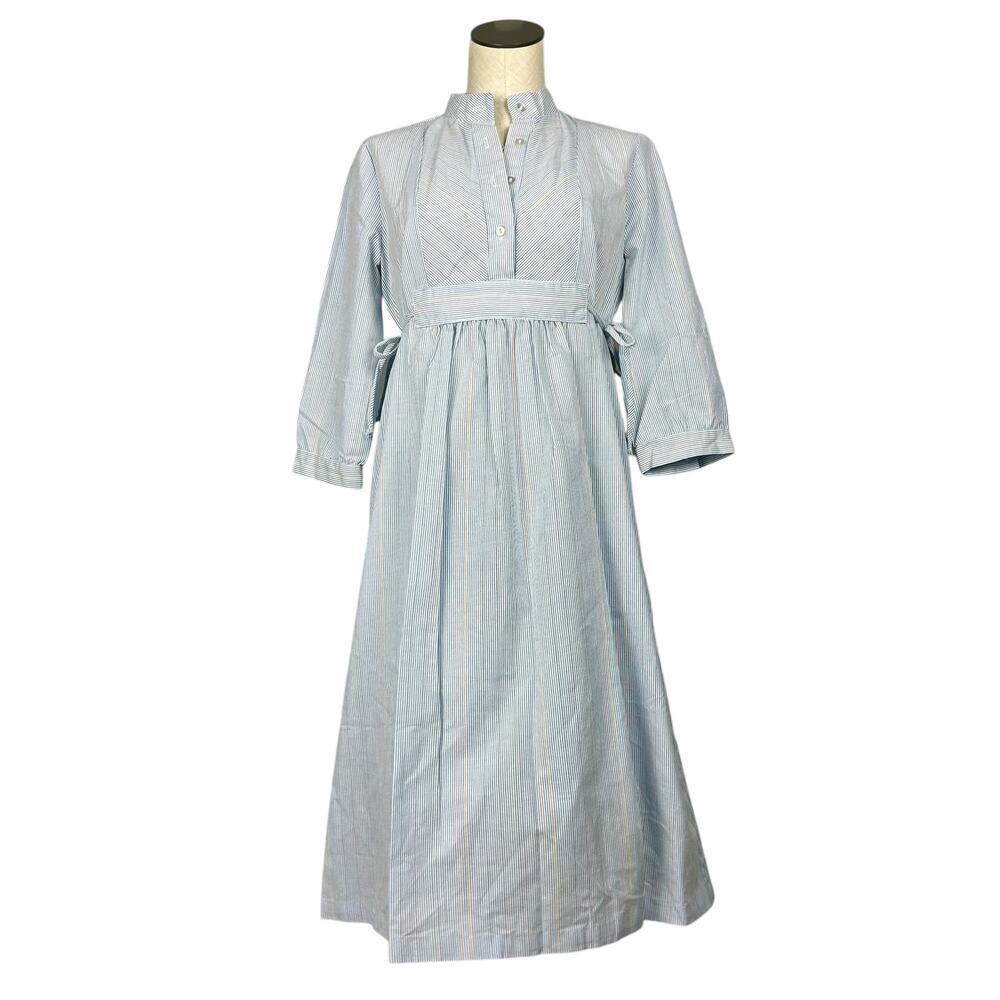 Vintage 80s Preppy Blue Striped Seersucker Tie Waist Midi Dress M